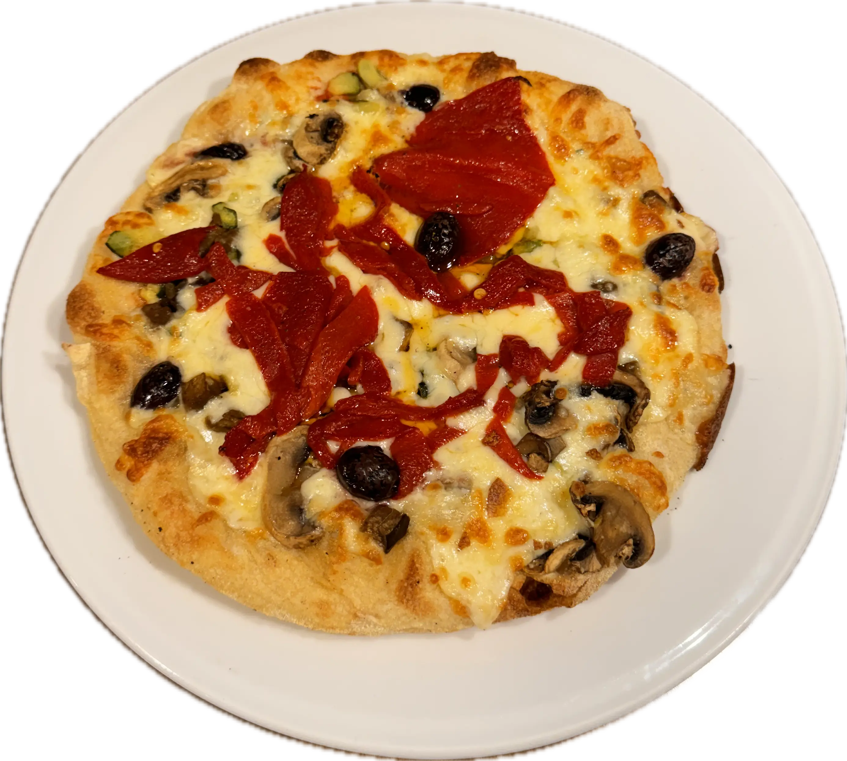 Una pizza con champiñónes, aceitunas negras y pimientos